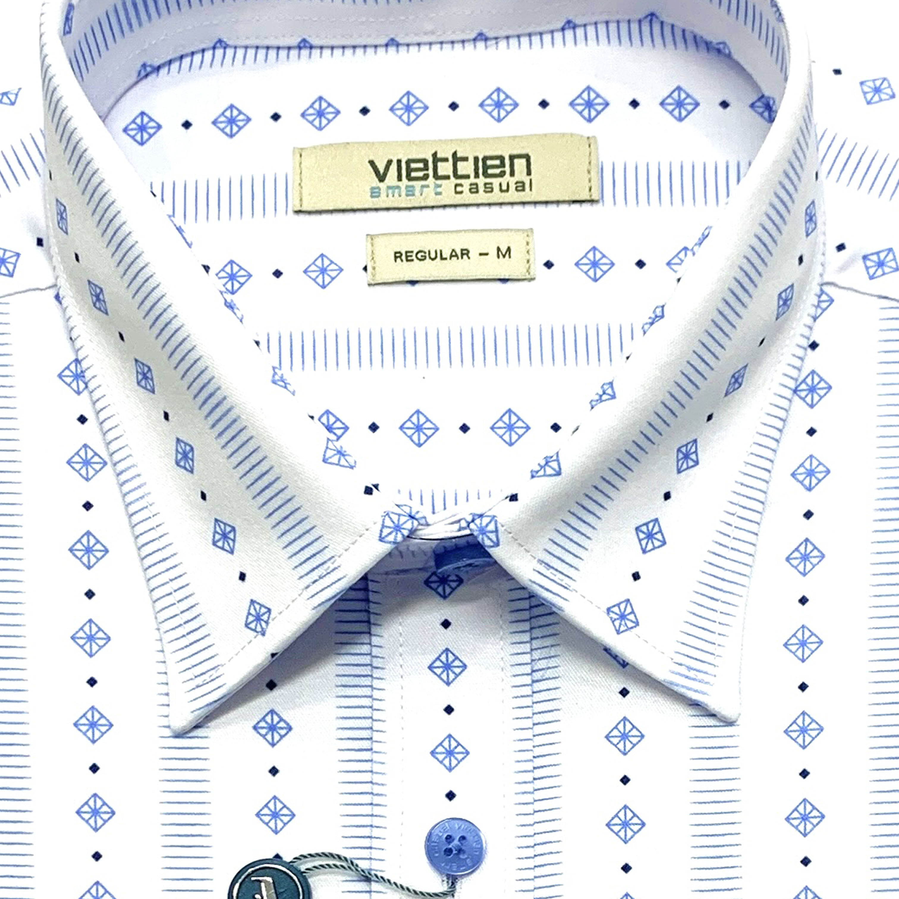 Viettien - Áo sơ mi nam ngắn tay xẻ tà lai ngang họa tiết 6Q0355