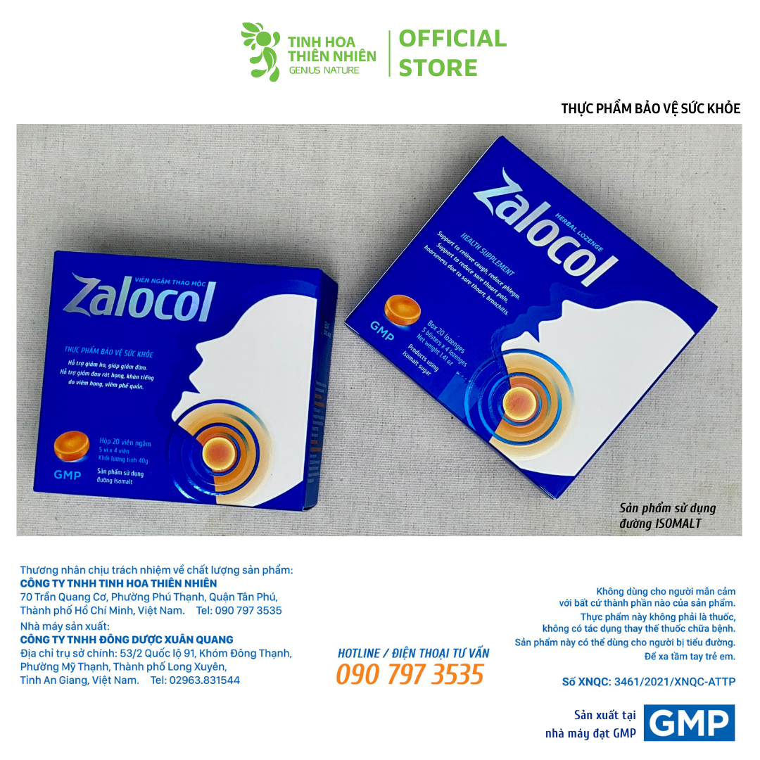 Combo 2 hộp viên ngậm Ho thảo mộc Zalocol Hỗ trợ giảm đờm, đau rát họng, khản tiếng do viêm họng, viêm phế quản (Hộp 20 viên) - Genat