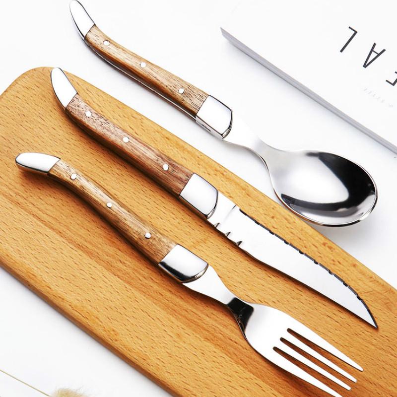 Thép Không Gỉ 304 Bữa Tối Bộ Muỗng Nĩa Dao Vàng Gỗ Tếch Tay Cầm Bằng Gỗ Bộ Đồ Ăn Sinh Thái Thân Thiện Phẳng Bằng Bộ Dao Kéo Nhà Bếp