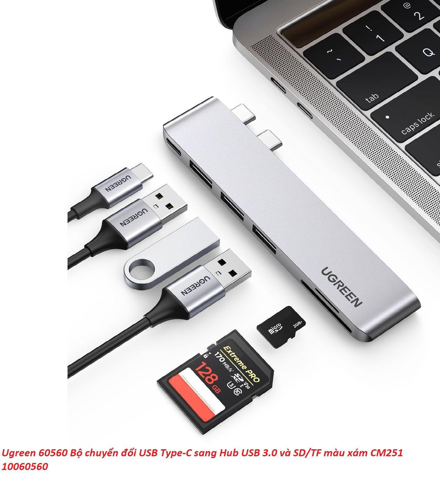 Ugreen UG60560CM251TK macbook pro air 2 cổng USB Type C Bộ chuyển đổi sang 3x Hub USB 3.0 + SD/TF + nguồn PD màu xám bằng nhôm - HÀNG CHÍNH HÃNG