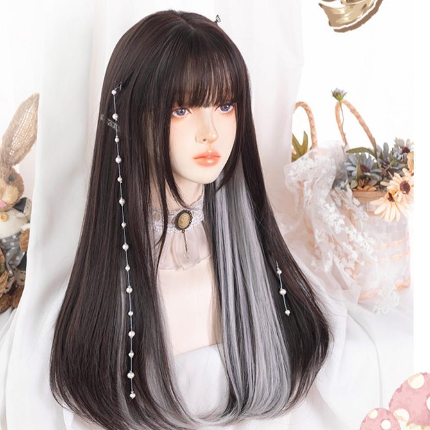 [Sẵn] Wig/Tóc giả nữ sinh nhuộm hai lớp trắng xám mix nâu đen - M28 Nguyên đầu teen/lolita [Miu Cosplay