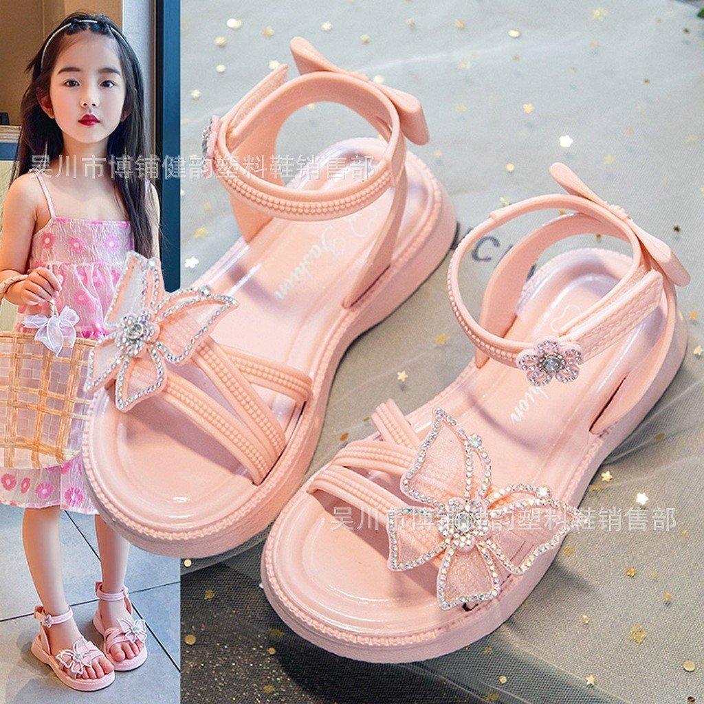 Giày quai hậu cho bé gái đi học đi mưa đi biển đính bướm đá sang chảnh chống trượt êm chân - GE003 - Trắng