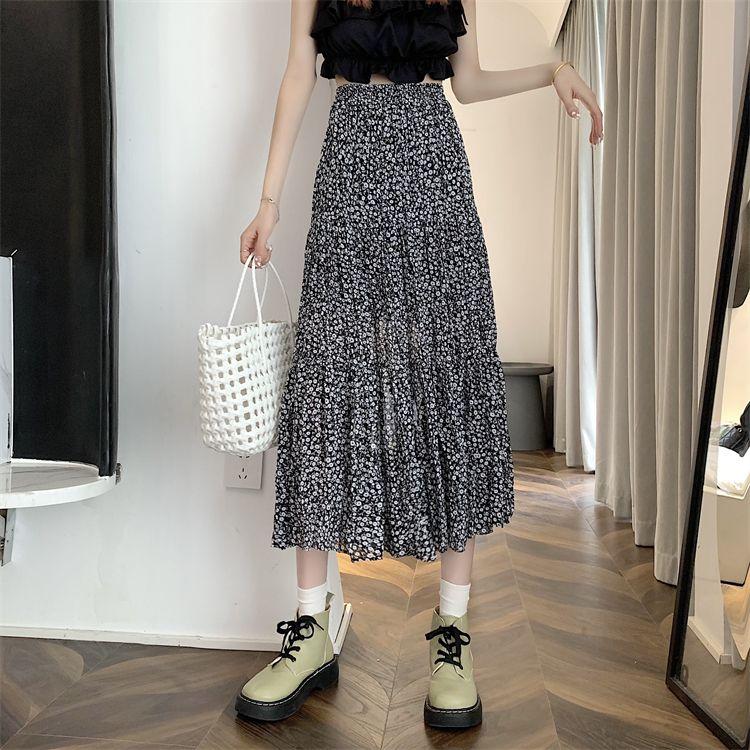 DONGSHOP Cao cấp hoa xẻ tà nửa người váy mùa xuân và mùa hè 2023 Vintage thả cảm thấy gầy váy xếp li một chữ dài váy