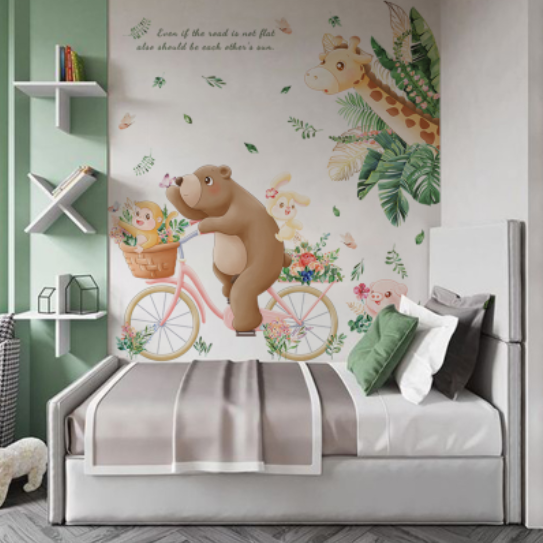 Decal trang trí tường - Chú gấu nâu đạp xe đạp và những người bạn