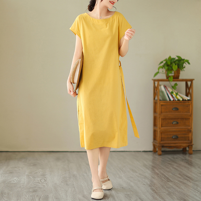 Đầm suông Linen thiết kế cơ bản cổ tròn tay lỡ đai rời, chất vải Linen Hàn mềm mát Đũi Việt