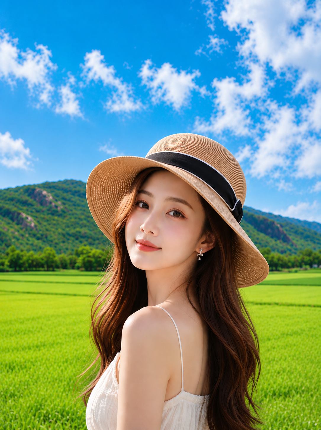 Mũ cói đi biển nữ nón rông Vành đai đen phối trắng thời trang Hàn Quốc dona260626