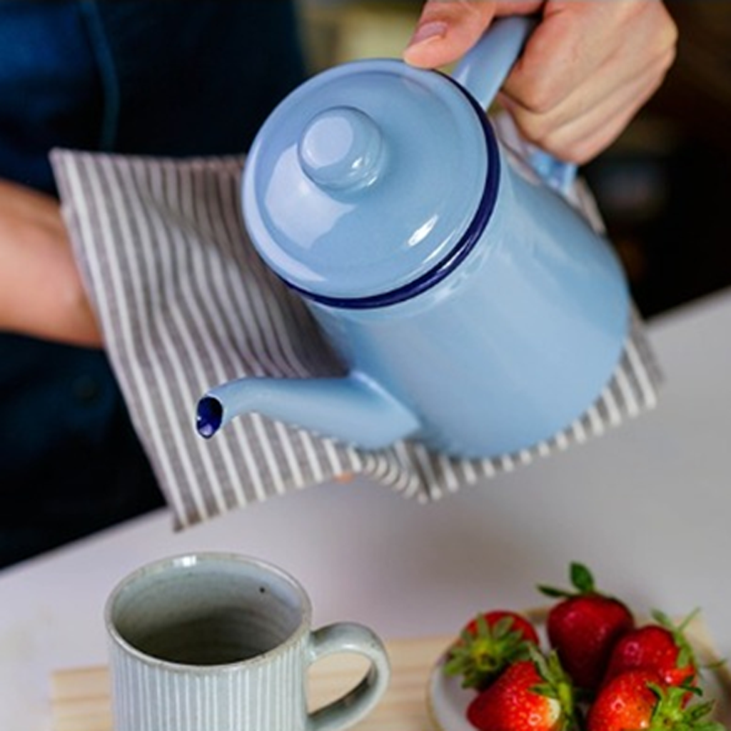 2xEnamel Teapot Loose Tea Leaf Tea Pot Pour Over Coffee Tea Pot Kettle 1L