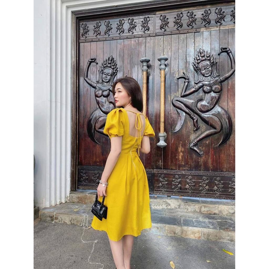 Đầm dự tiệc xòe cổ vuông đính nút bọc