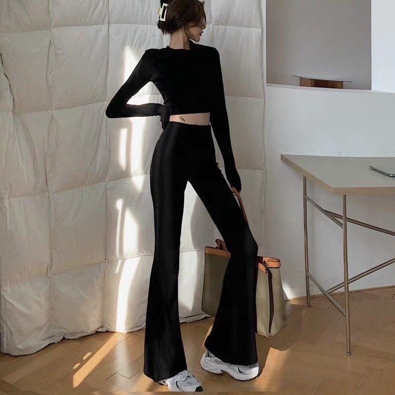 Quần legging nữ ống loe cạp cao siêu tôn dáng chất cotton, quần ống loe legging cạp cao siêu háck dáng chất cotton