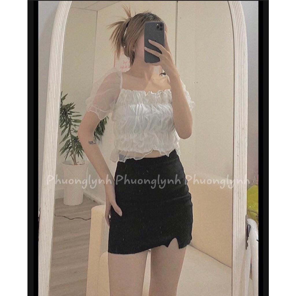 Áo kiểu croptop nữ phối lưới tay phồng