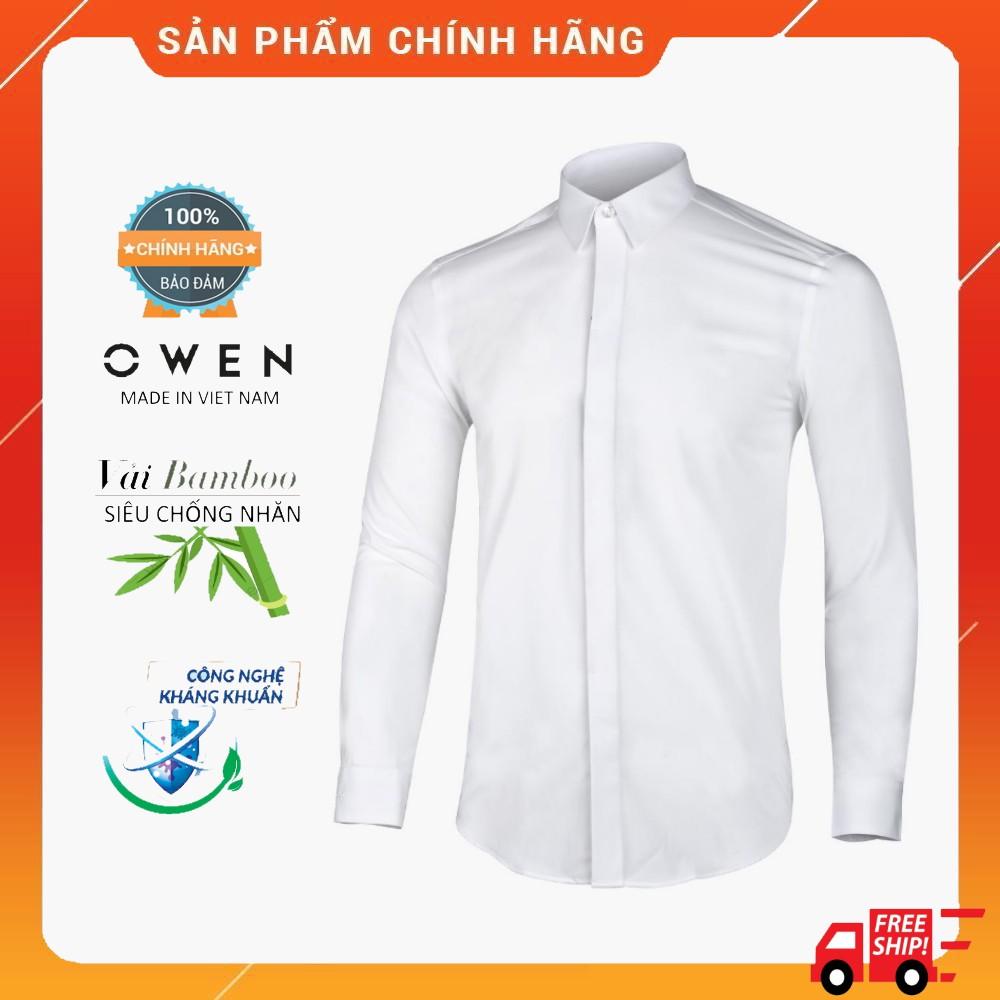 OWEN - Áo sơ mi trắng dài tay regular fit (không túi ngực) chất sơi tre 90527