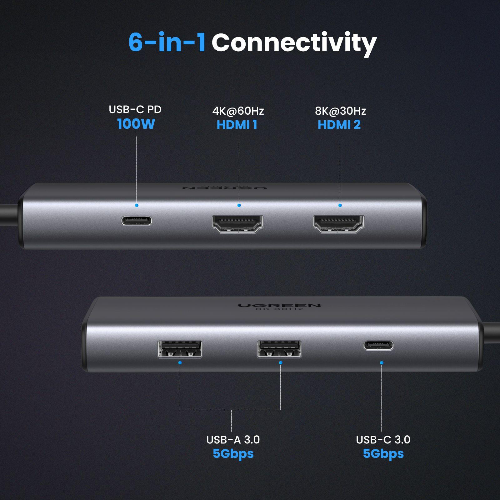 Ugreen UG15852CM498TK USB type C sang 1 x HDMI 2.1 8K30Hz + 1 x HDMI 2.0 4K60Hz + 1 x USB-C 5Gbps + 2 x USB3.0 + 1 x USB-C PD 100W Bộ chuyển 6in1 - HÀNG CHÍNH HÃNG