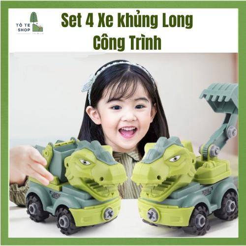 Đồ chơi xe khủng long công trình kèm tua vít và cờ lê, set 4 xe khủng long công trình khủng long xúc cát, khủng long cẩu