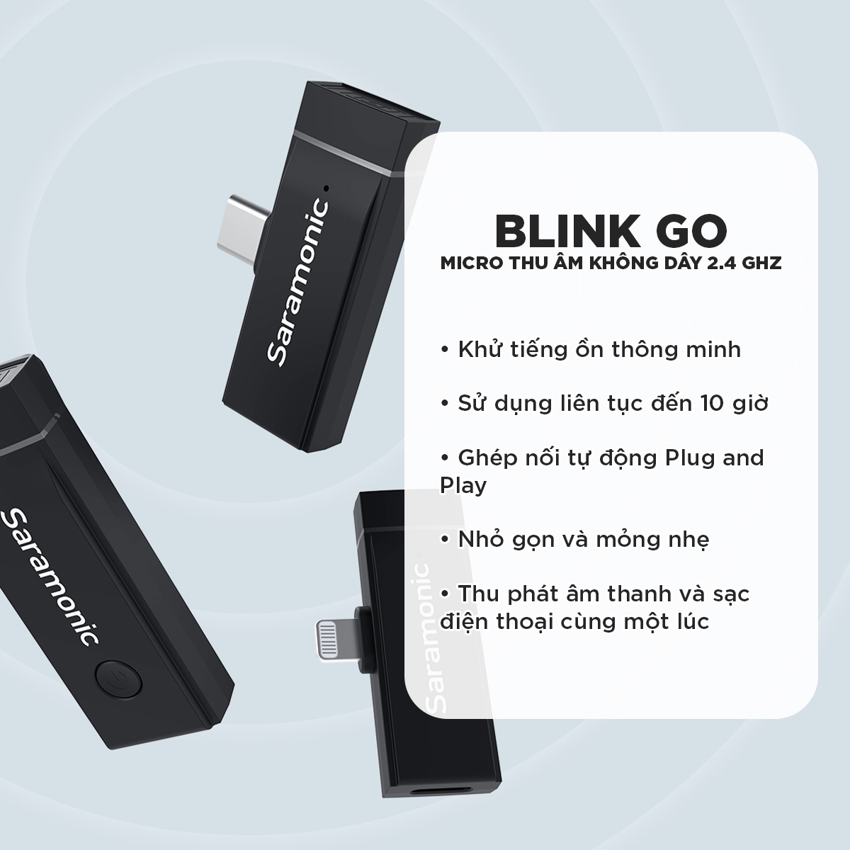 Micro Thu Âm Không Dây Saramonic Blink Go - Chuyên Dùng Cho Điện Thoại - Khử ồn Thông Minh - Hàng Chính Hãng