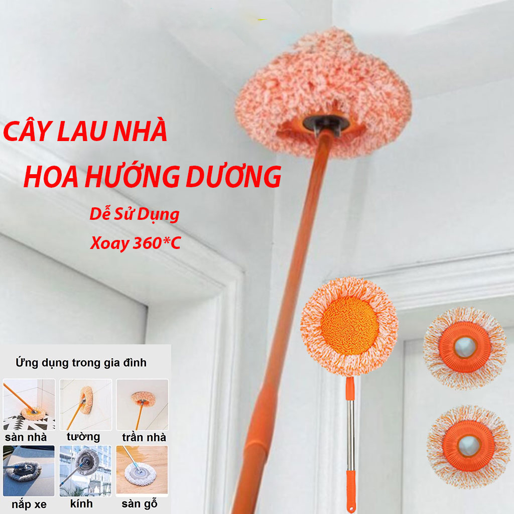 Hổi Lau Trần Nhà, Chổi Quét Trần Nhà, Cây Lau Nhà Hình Hoa Hướng Dương Đa Năng Xoay 180 Độ Cán Inox
