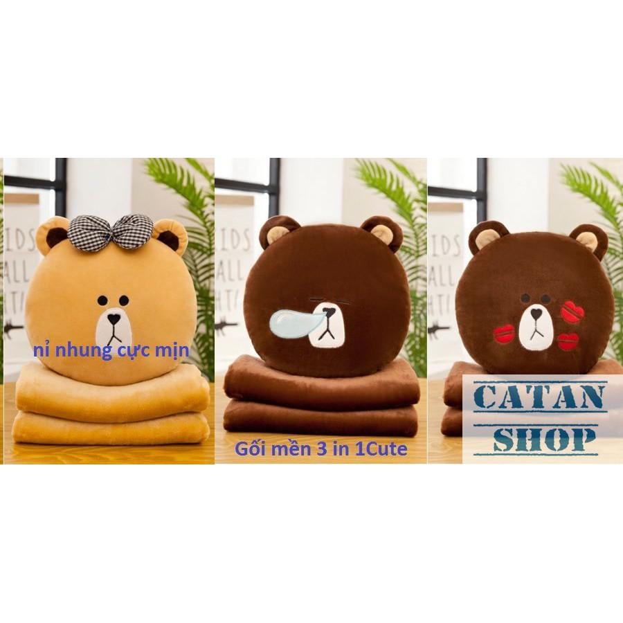 Gối mền Brown xinh xắn 3 in1, nỉ nhung cực mịn, bộ chăn gối văn phòng GD79-GMGau
