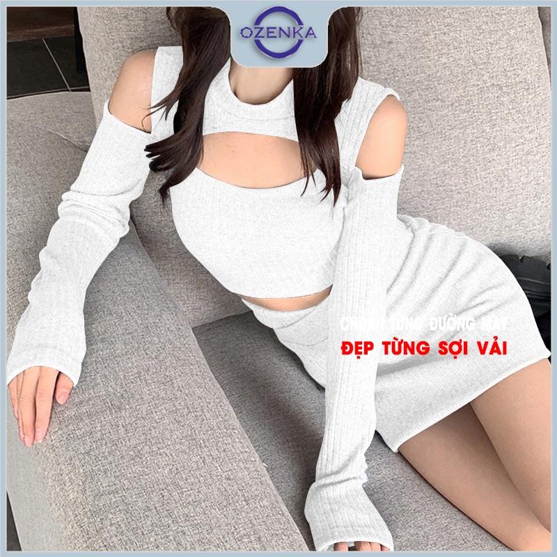 Set áo croptop trễ vai chân váy ngắn ôm Ozenka , ao crt tay dài kèm chân váy ôm body vải gân cotton dày đẹp đen trắng