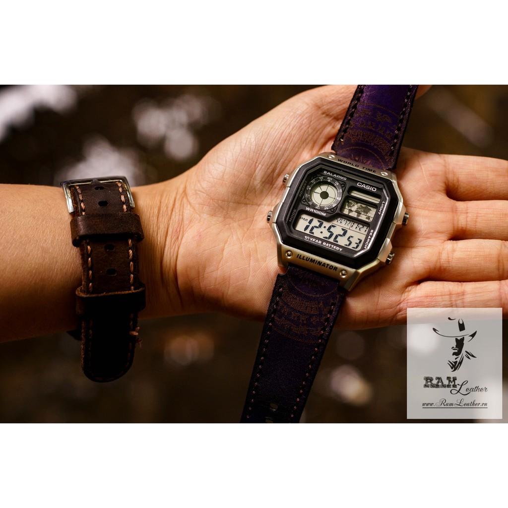 DÂY ĐỒNG HỒ TRỐNG ĐỒNG CASIO AE1200/SEIKO5 DA BÒ THẬT VIOLET