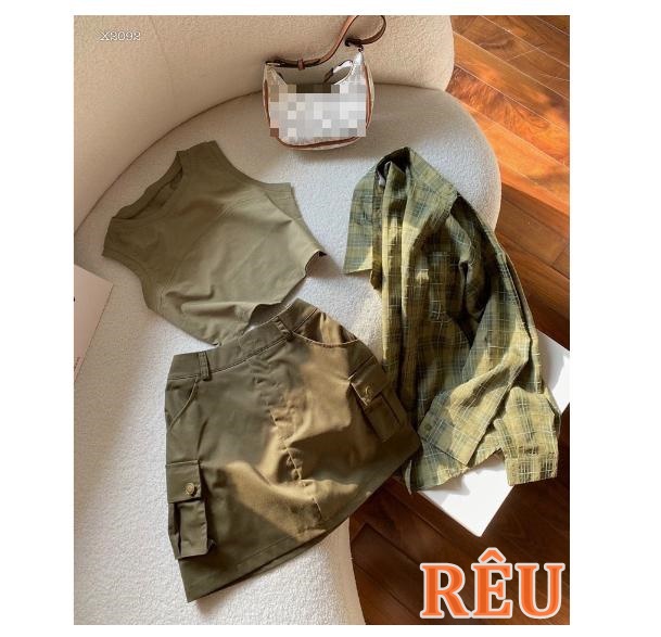 SET ÁO SƠ MI CARO RỘNG + ÁO CROPTOP THUN PASTEL + CHÂN VÁY NGẮN LƯNG CAO TÚI HỘP SUÔNG TRƠN DẠO PHỐ CÔNG SỞ DỰ TIỆC