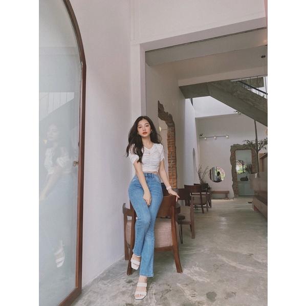 Quần Jean nữ ống loe cotton mềm co dãn