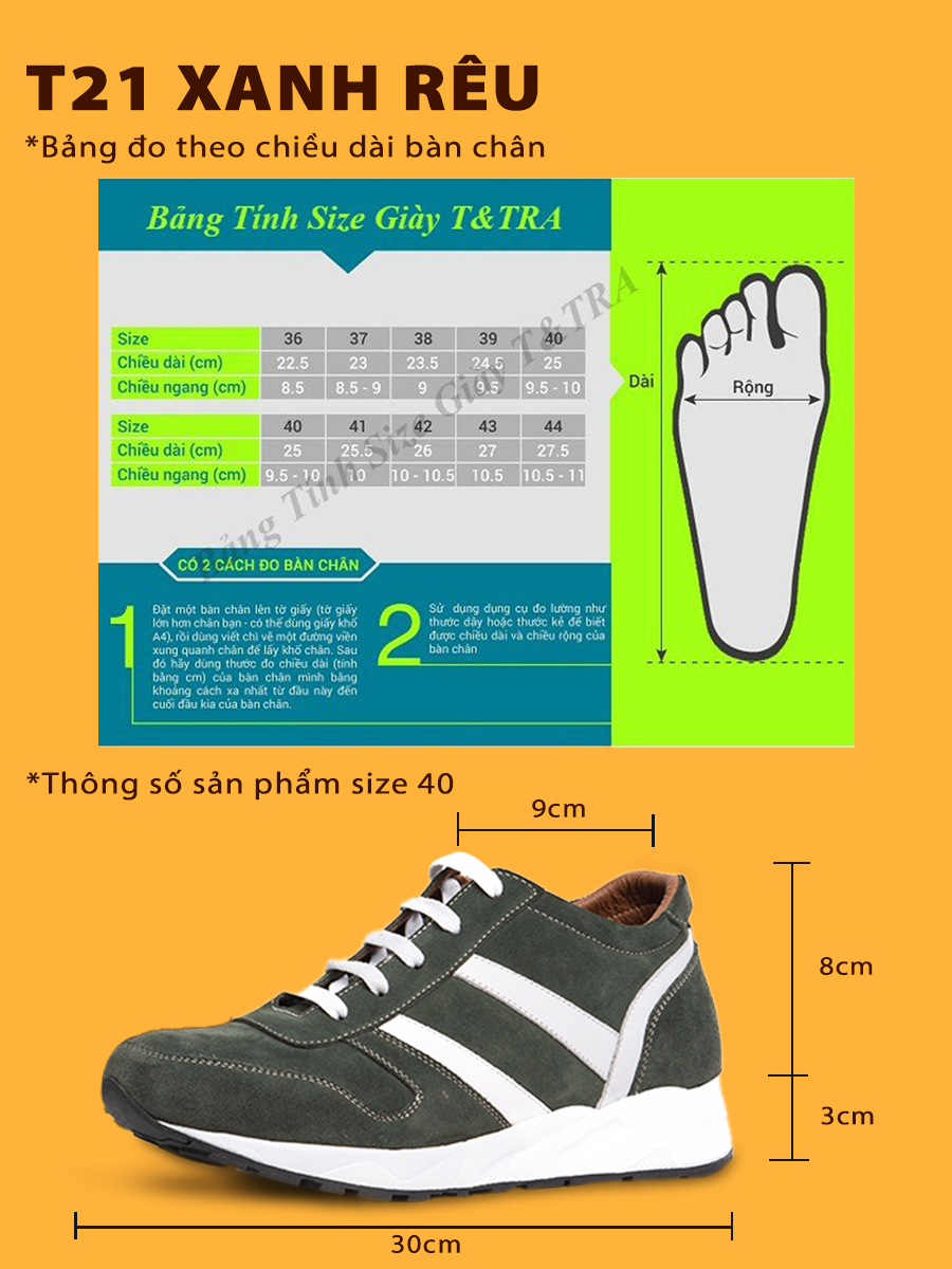 Giày Độn Nam Siêu Nhẹ T&TRA Tăng Cao 8Cm- T21 Xanh Rêu - Chất Liệu Da Bò Cao Cấp, Đế và Lót Tăng Cao Chất Liệu EVA Siêu Nhẹ, Trọng Lượng Nhẹ Hơn 30% So Với Đế Cao Su