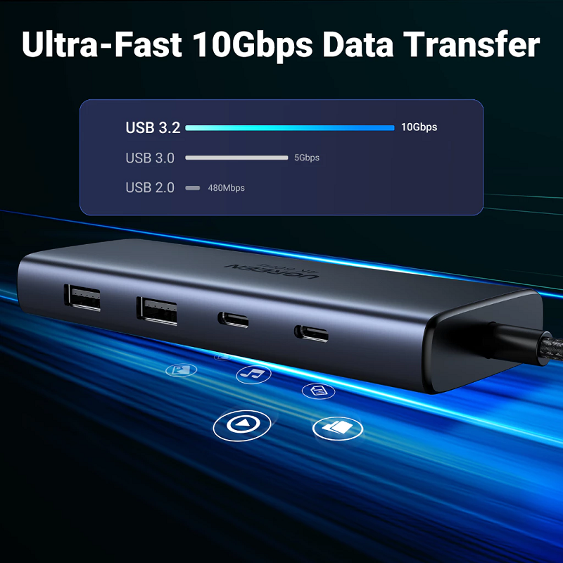 Bộ chuyển đổi USB-C sang USB-C PD+2USB-A 3.2+2USB-C 3.2+2HDMI hỗ trợ 4K Ugreen (45379) hàng chính hãng
