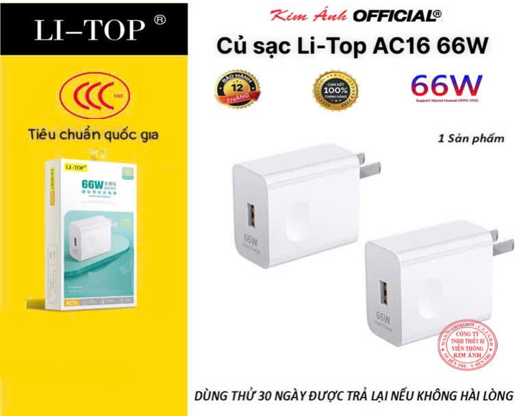 Củ sạc nhanh LI-TOP AC16 66W, đạt chứng nhận 3C tiêu chuẩn quốc gia, cho dùng thử 30 ngày bảo hành hàng chính hãng 12 tháng