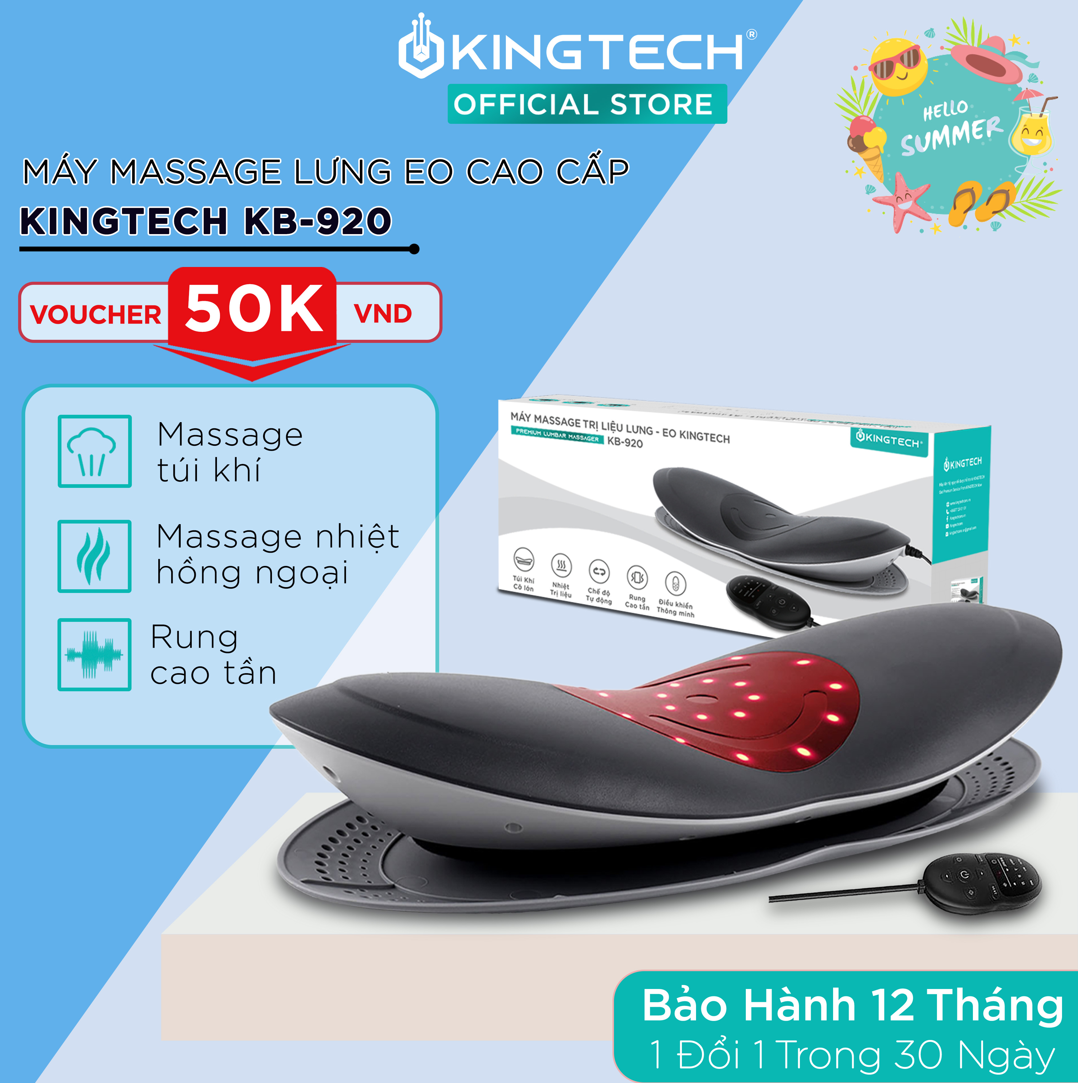 Máy Massage Lưng Cao Cấp KINGTECH KB-920  - Mát xa Thắt Lưng, Eo, Cột Sống - Hỗ Trợ Điều Trị Thoát Vị Đĩa Đệm, Thoái Hóa, Đau Đốt Sống, Vai Gáy - Tích Hợp Tính Năng Nhiệt Hồng Ngoại 45 - 65 độ - Hàng Chính Hãng