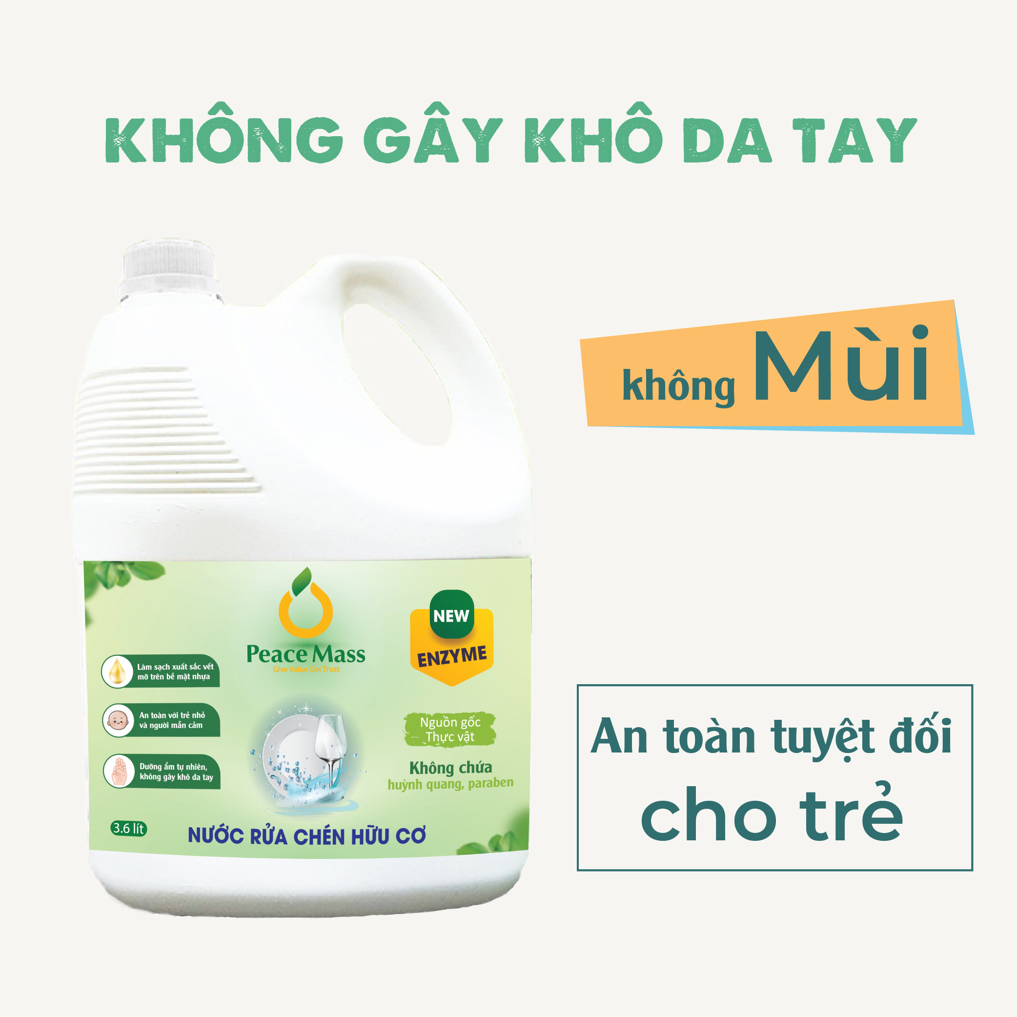 Nước Rửa Chén Gốc Thực Vật Peace Mass Công Nghệ Enzyme Rửa Sạch &amp; Không Lưu Mùi - Can 3.6l (Thuộc nhóm Sản phẩm Lành tính / Hữu cơ)