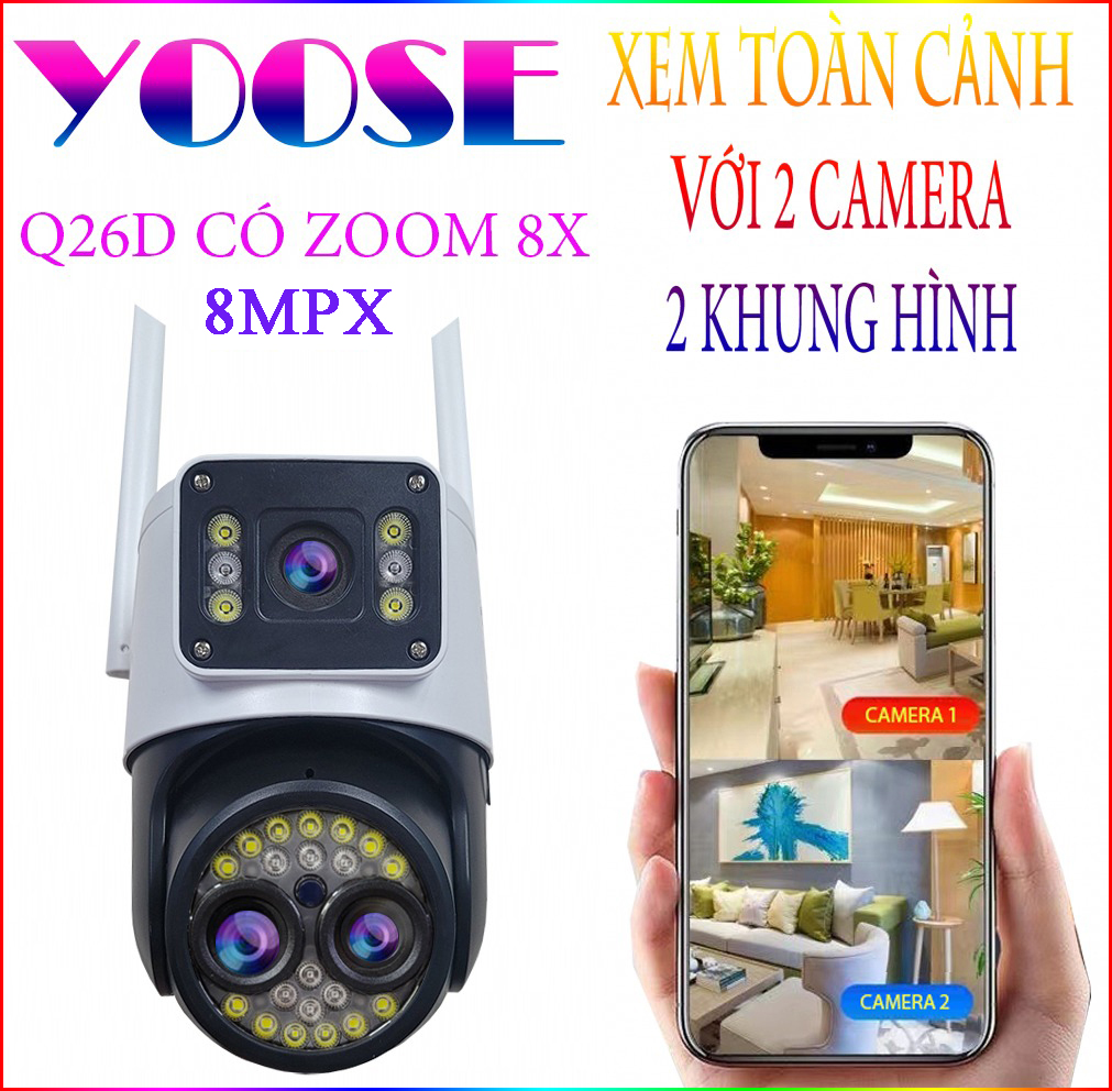 Camera Yoosee 3 Mắt, 2 Màn Hình Ptz Q26D 8Mpx Có Zoom 8X Có Cổng Lan, Có Đèn, Đàm Thoại, Ban Đêm Có Màu Xoay 360 Độ Hàng Chính Hãng