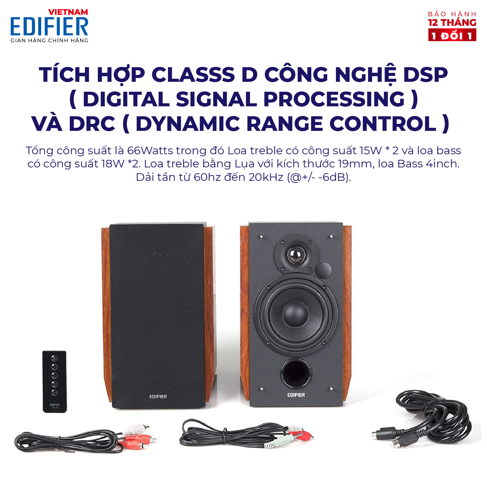 Bộ loa không dây Bluetooth EDIFIER 2.0 R1700BT - Hỗ trợ cổng cắm RCA - Có remote điều khiển - Vỏ gỗ chống dội âm - Hàng chính hãng