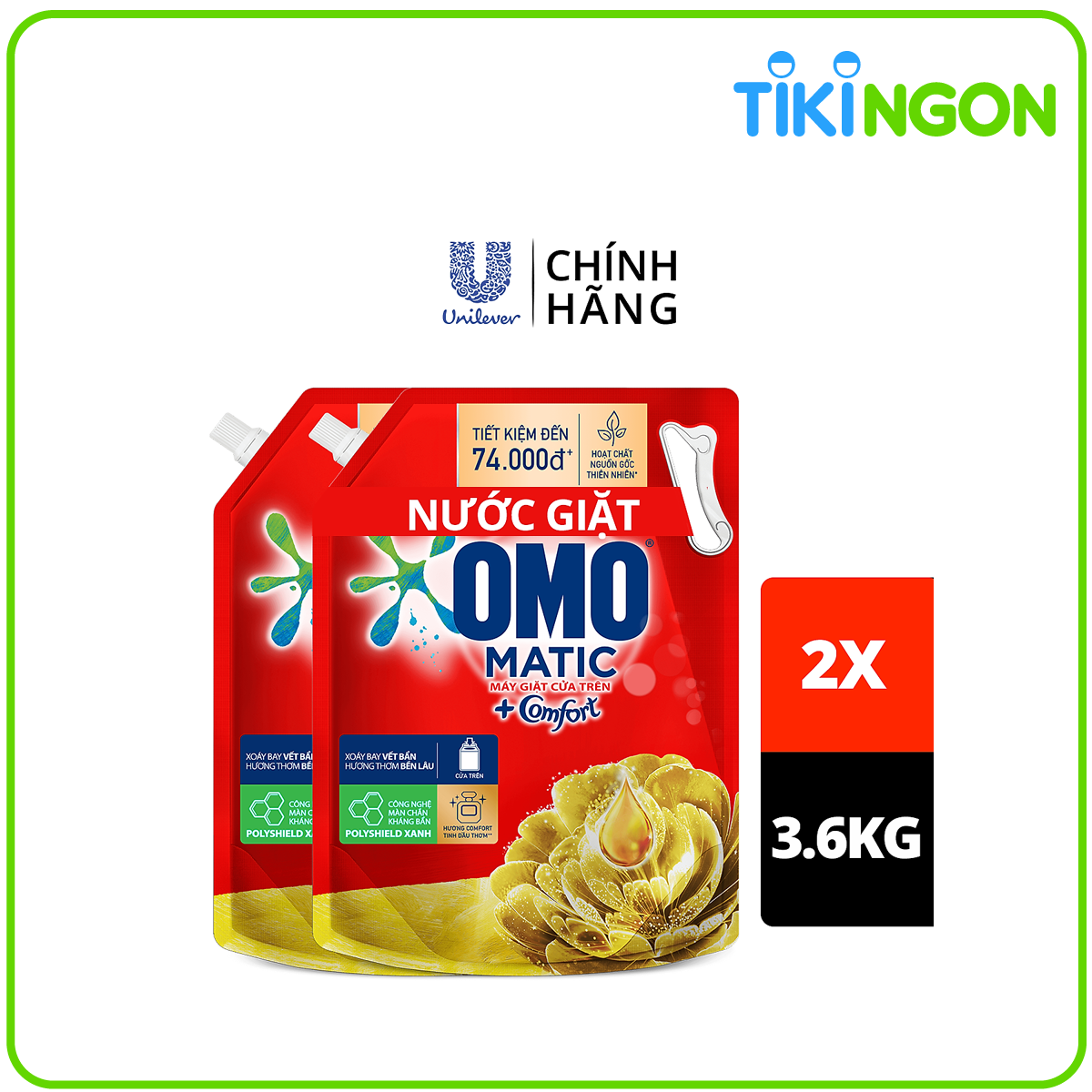 Combo 2 túi nước giặt OMO Matic Comfort hương Tinh dầu thơm cho máy giặt cửa trên, xoáy bay vết bẩn, hương thơm bền lâu, túi 3.6kg