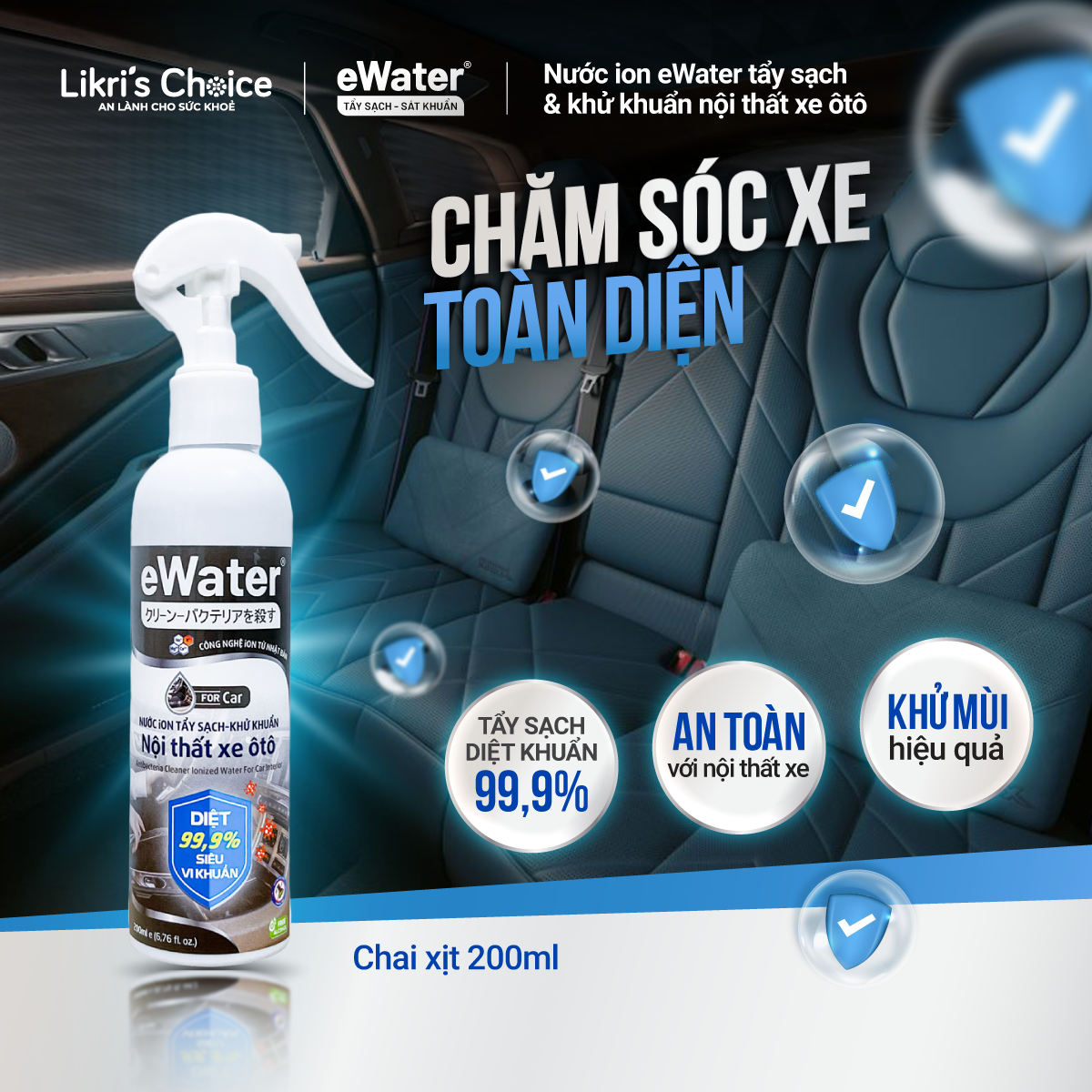 Chai xịt khử khuẩn nội thất ô tô eWater 200ml - Công nghệ ion điện giải hàng đầu Nhật Bản (Nhãn mới)