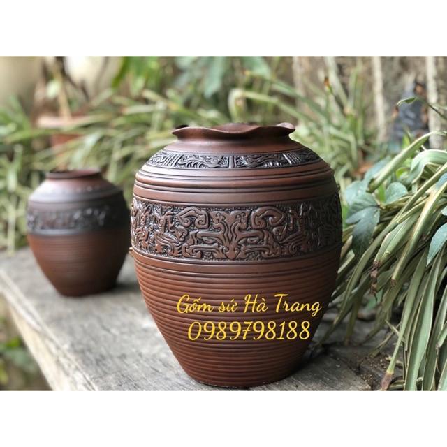 Lọ hoa dáng vò gốm khắc nổi gốm sứ Bát Tràng