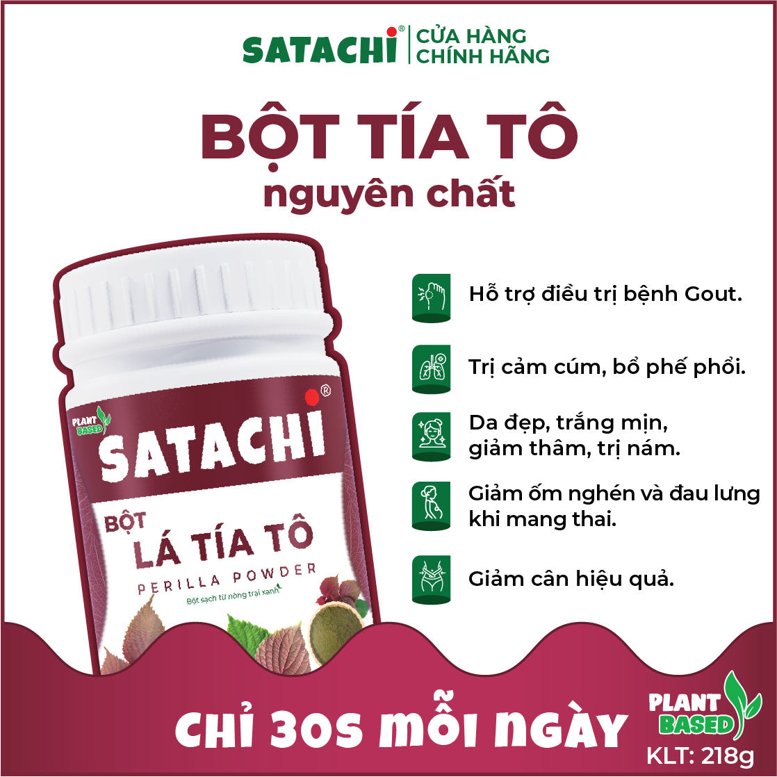 Bột Tía Tô SATACHI nguyên chất. Hỗ trợ điều trị bệnh gout, rối loạn mỡ máu, giải cảm, đẹp da. Hộp 218g