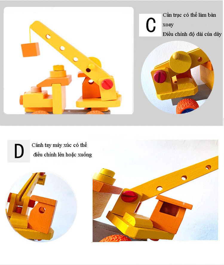 Bộ Đồ Chơi Tháo Gỡ Và Lắp Ráp Xe Cần Cẩu, Đồ Chơi Mô Hình Máy Trộn, Đồ Chơi Xếp Hình Máy Xúc, Đồ Chơi Gỗ Cao Cấp Xe Tải Tự Đổ-Chính Hãng BABYBOSS + Tặng Kèm Tranh Ghép Bằng Gỗ