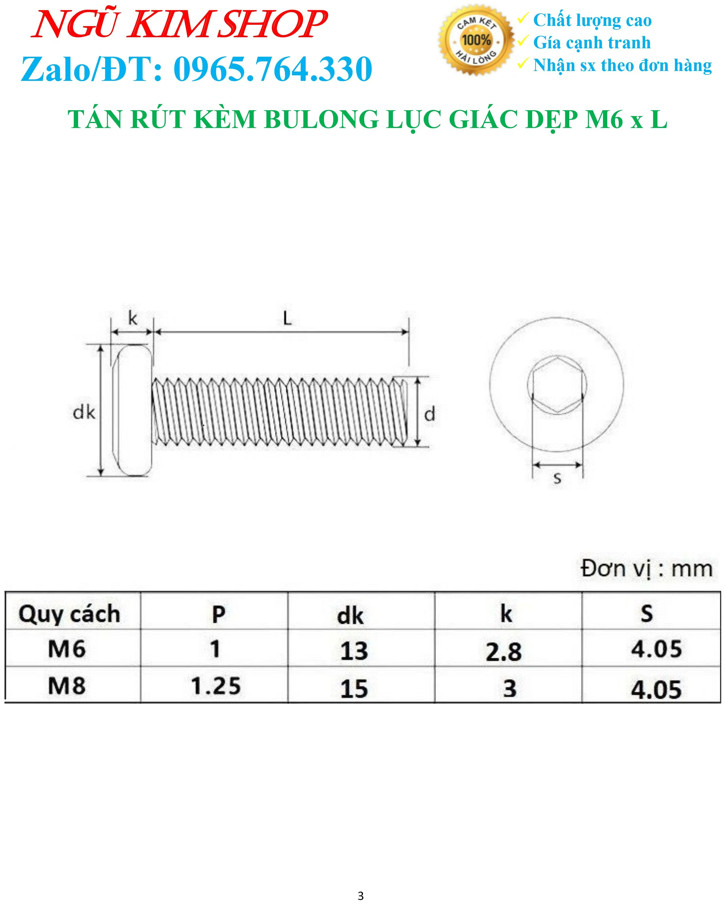 TÁN RÚT KÈM BULONG LỤC GIÁC DẸP M6 x L THEO BỘ