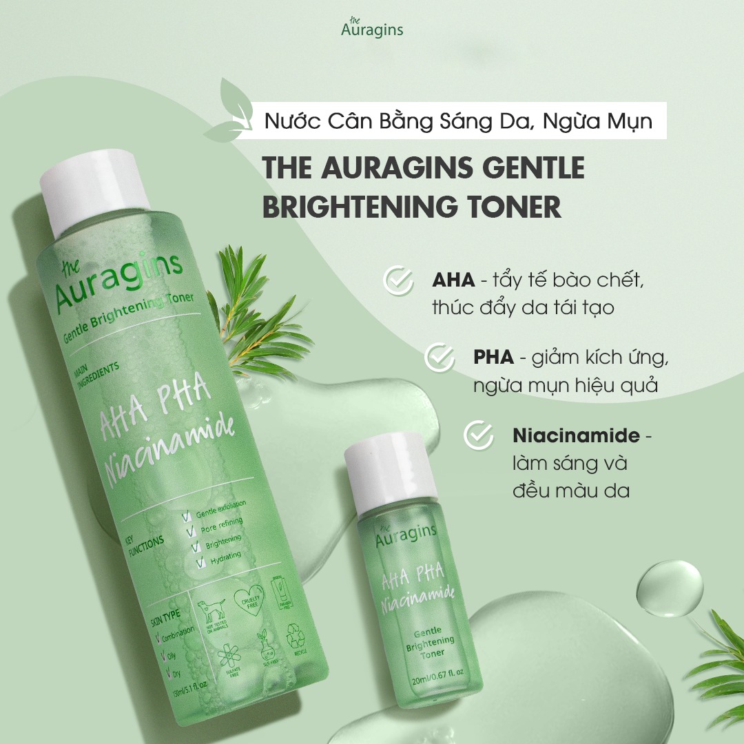 Nước hoa hồng sáng da, ngừa mụn AHA PHA The Auragins Gentle Brightening Toner - 20ml