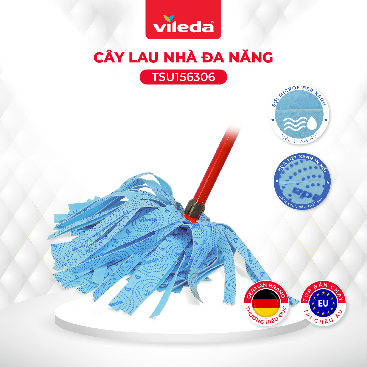 Cây lau nhà đa năng VILEDA Supermocio Wet vải sợ microfibre, đa năng cho mọi loại sàn nhà