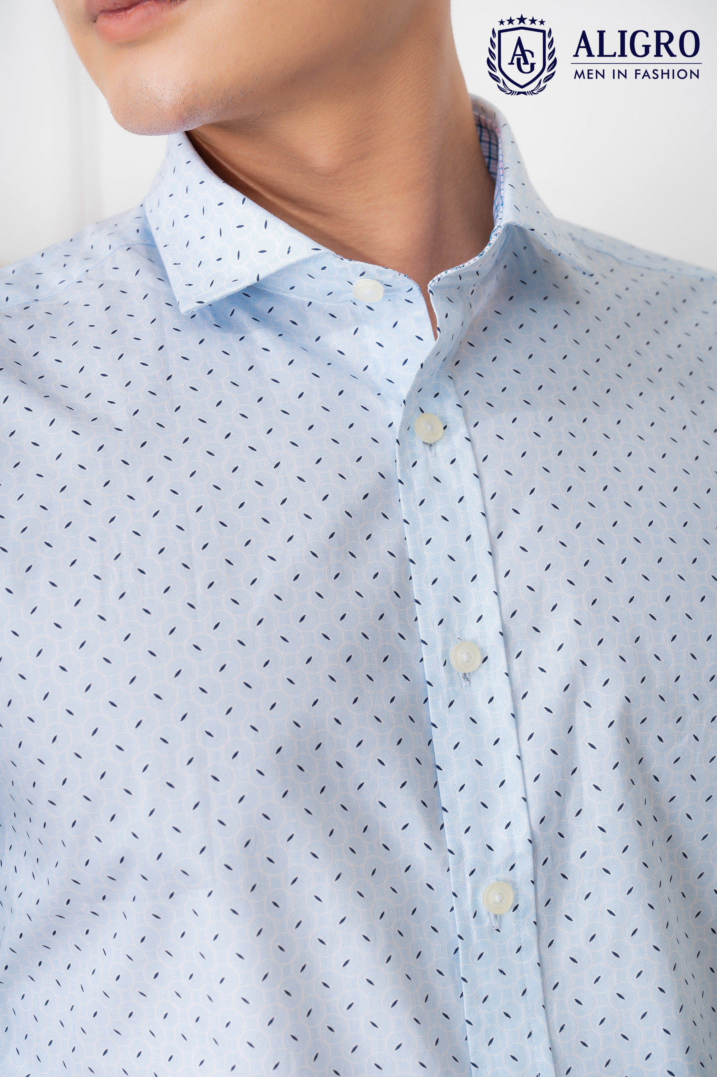 Áo sơ mi cộc tay nam Aligro màu xanh họa tiết form customfit chất liệu cotton cao cấp  ALGS-C83
