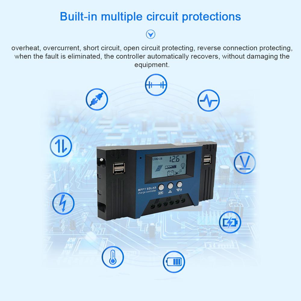 60A MPPT Solar Charge Controller 12/24V Auto Focus Solar Panel Controller Battery Intelligent Regulator with 4 USB Output Adjustable Parameter LCD Display Timer Setting