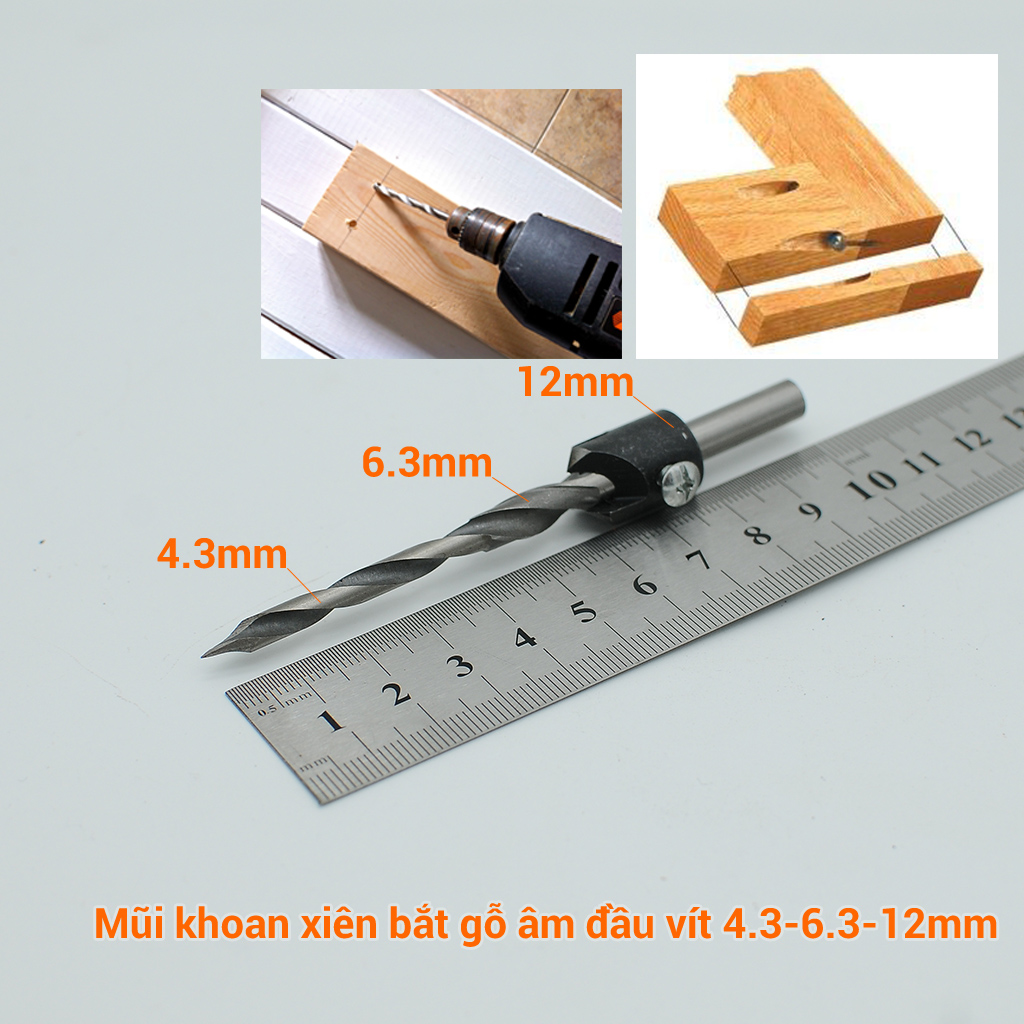 Mũi khoan xiên gỗ bắt âm đầu vít 4.3-6.3-12mm