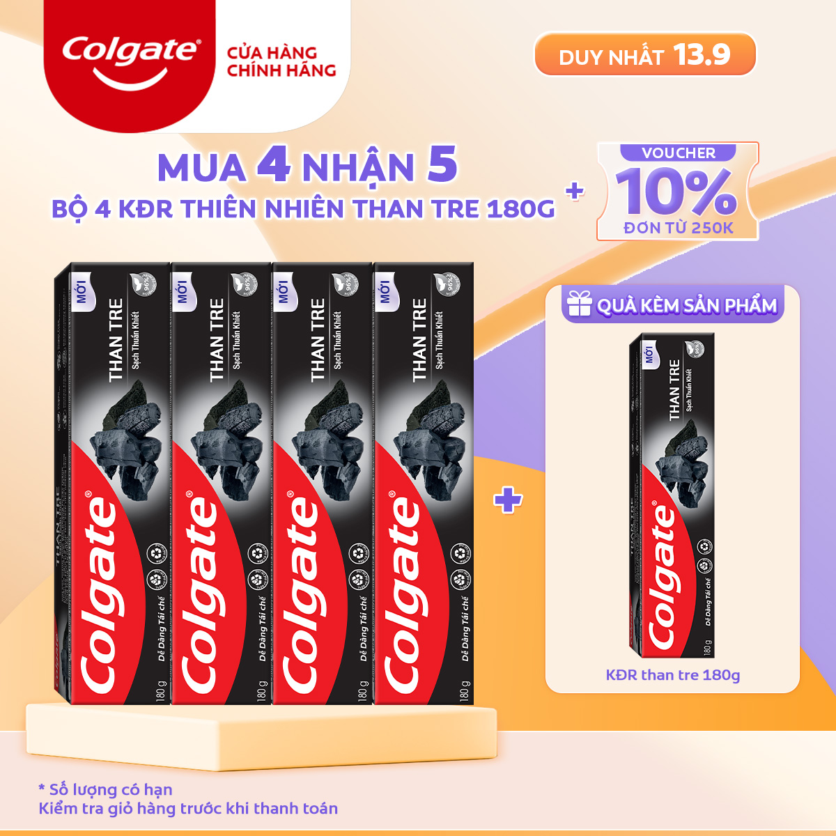 Bộ 4 Kem đánh răng Colgate thiên nhiên Than tre Hàn Quốc khử mùi diệt khuẩn 180g