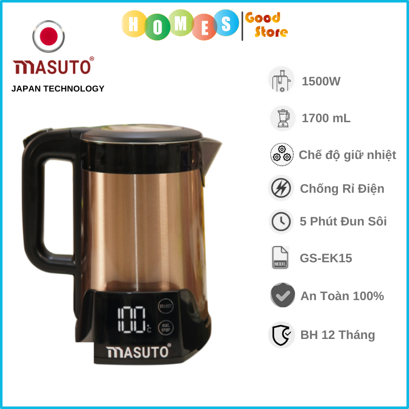 Ấm Siêu Tốc Thông Minh 1.7L Chống Bỏng 3 in 1 MASUTO Công Nghệ Nhật Bản Đun Siêu Nhanh Có Cài Đặt Nhiệt Độ 1500W - Hàng Chính Hãng