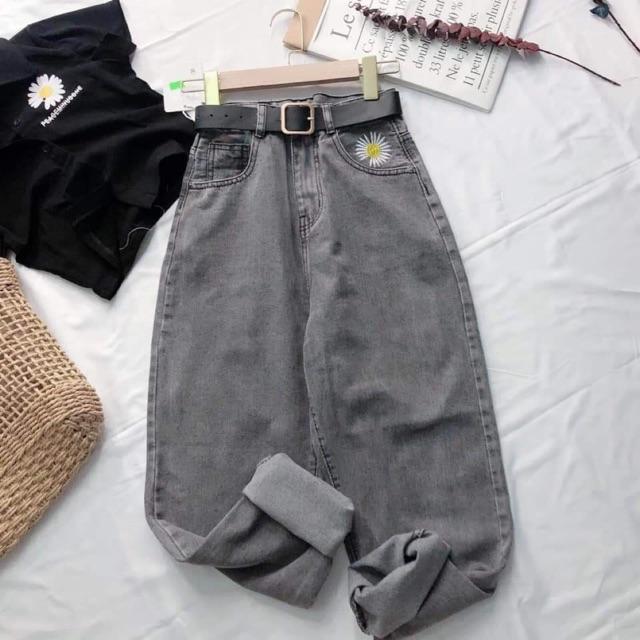 Quần baggy thêu túi hoa cúc màu xám khói mã 3126, hình thật 100