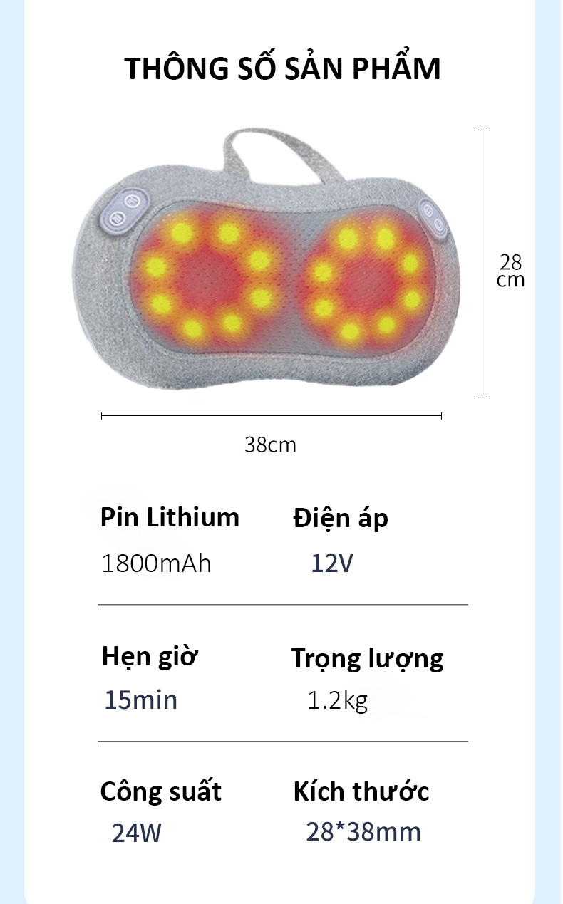 Gối Massage Nhiệt Hồng Ngoại Sạc Pin RULAX 20 Bi Xoay- Matxa Chuyên Sâu Cổ Vai Gáy, Lưng, Toàn Thân