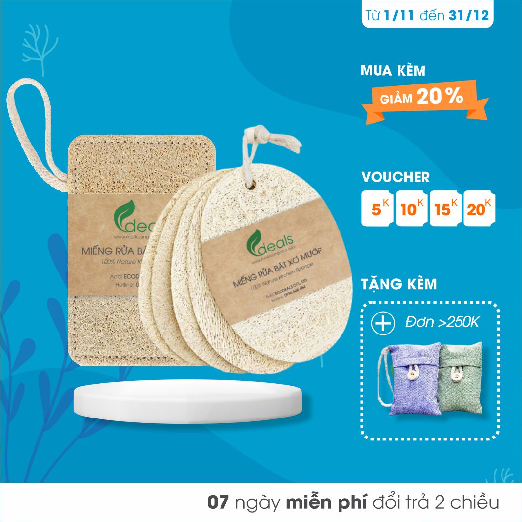 [PHIÊN BẢN MỚI] Xơ Mướp Rửa Chén Bát Xoong Nồi Cao Cấp ECODEALS - 100% xơ mướp hữu cơ, kích thước lớn, chỉ may chắc chắn