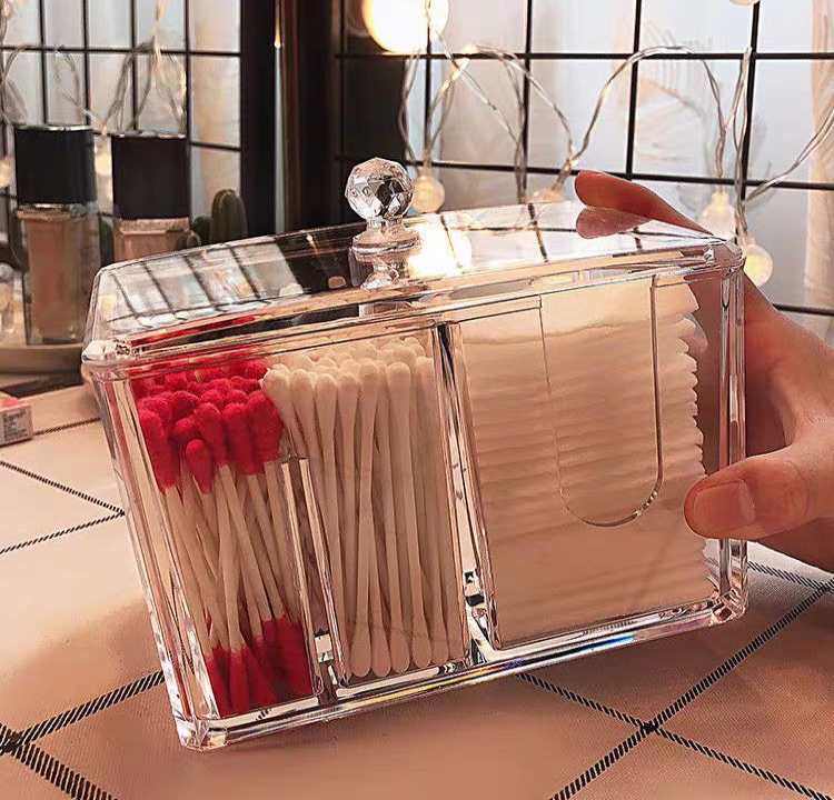 Hộp đựng đồ trang điểm mica trong suốt 2 ngăn đựng bông tấy trang tăm bông...có nắp đậy sang trọng - Henrysa