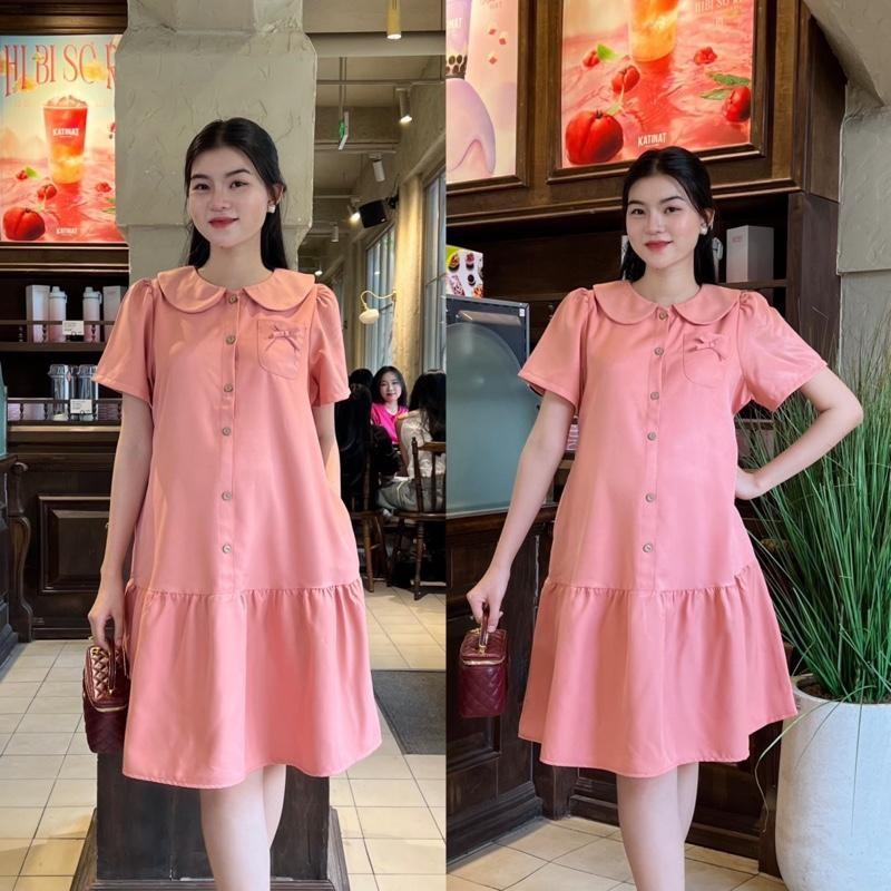 Đầm bầu công sở form đuôi cá phối nút cổ sen chất cotton lạnh đồ bầu đẹp dễ thương - Xanh rêu