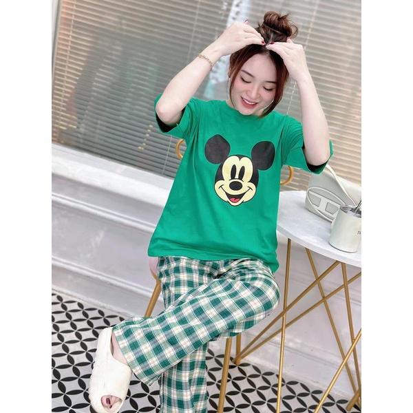 Set Bộ Thun Áo Xanh In Mickey Quần Suông Caro